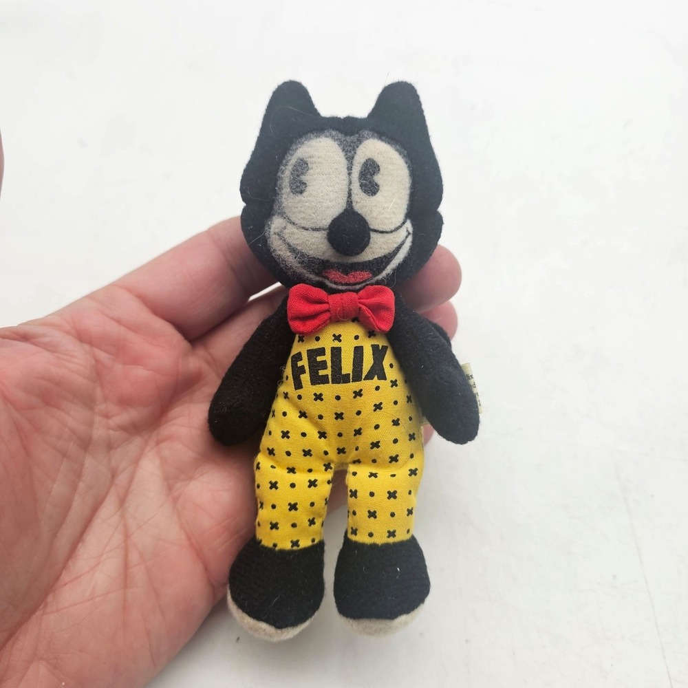 Felix The Cat Plush Stuffed Toy Mini Black Yellow Overalls Red Bow Vintage Cute